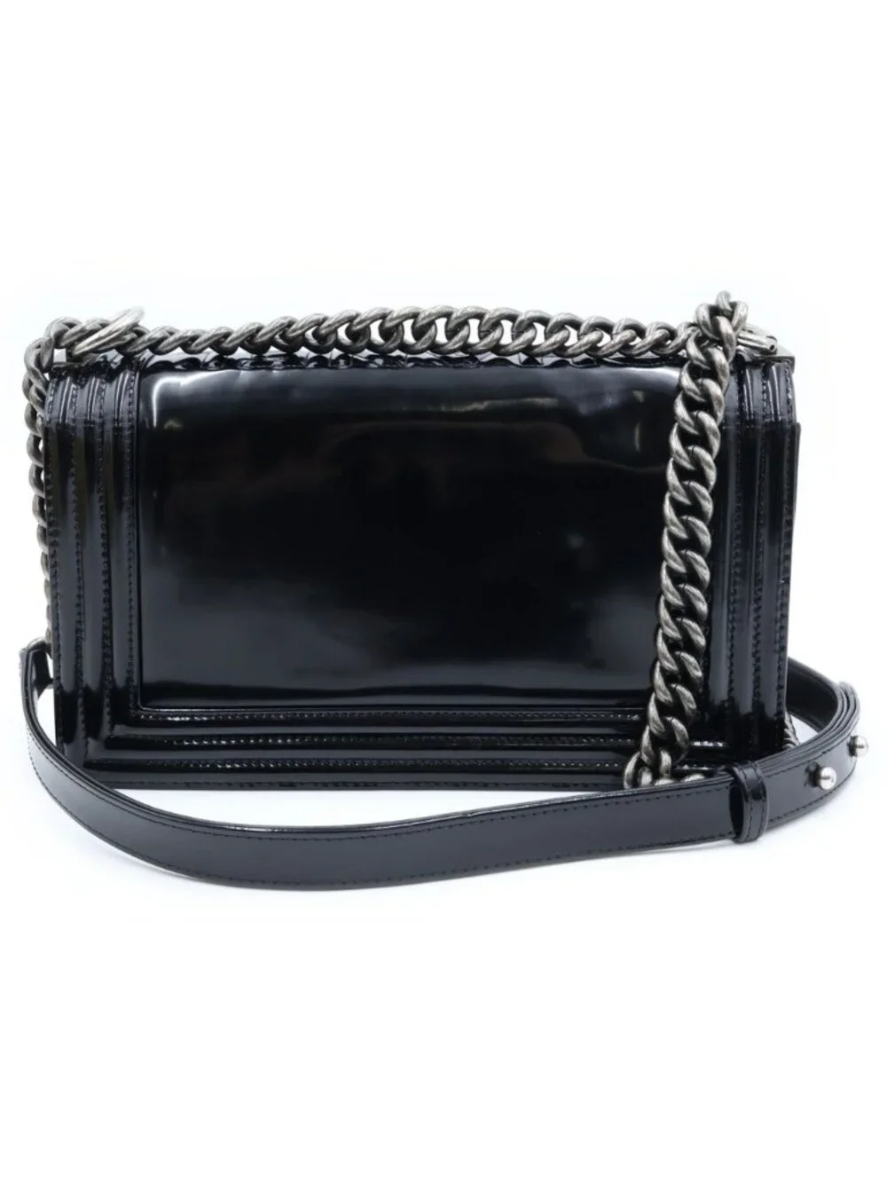 Chanel Boy Shoulder Bag Patent Leather Black Silver